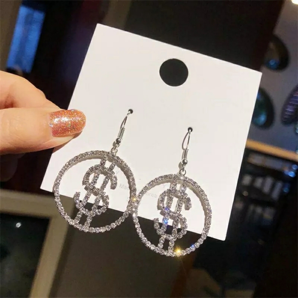 Silver Rhinestone $$ Money Sign Word Dangle Earrings